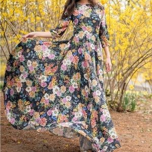 NWT Yumi Kim Woodstock Black Floral Long Gown/Maxi Dress size Small